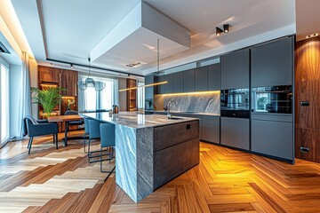 Obraz premium Interior of modern kitchen with gray and wooden walls, wooden floor, black and white marble countertops with built in sink and cooker
