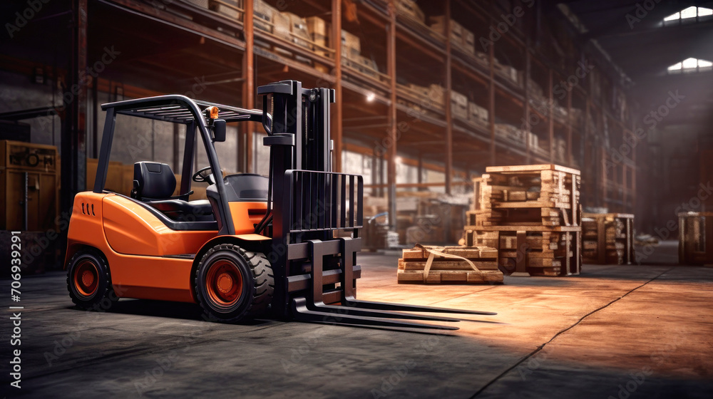 Wall mural Forklift in a warehouse. Lifting and moving loads.