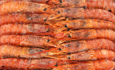 Raw frozen shrimp background. Pile of frozen shrimps. Close-up of frozen shrimps. A lot of royal...