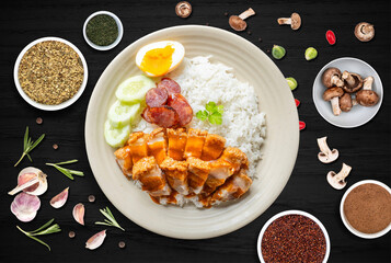 The photo of Thai food with sauce, herb, flavor on the dark wood table background