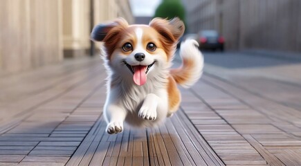 a dog running on a wooden floor with its tongue out