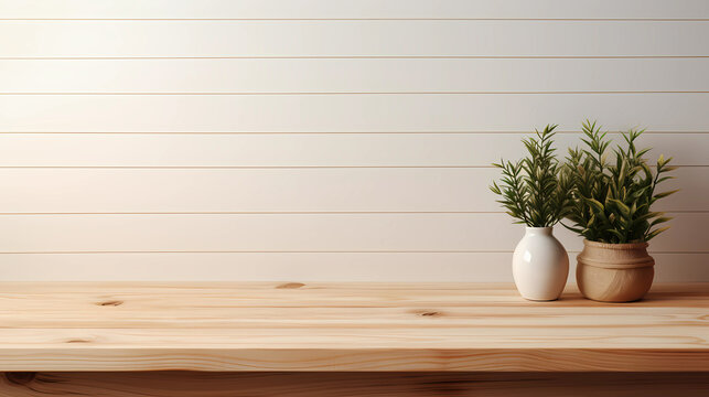 Empty wood table top and white wall for product display mock up background, template