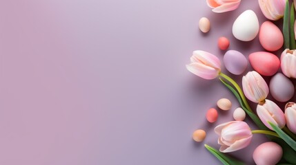 Flatlay top view of tulips and eggs on a pastel violet background with a copy space. Spring mock up, overhead, template, Easter, flowers concepts.