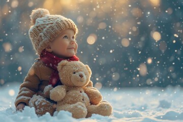 A cheerful child in a wonderful winter snowfall. Generative Ai.