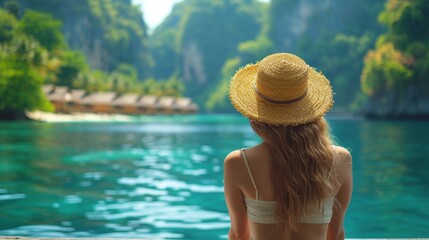 A woman wearing a straw hat on a boat in the sea near a southern Thai island resort
