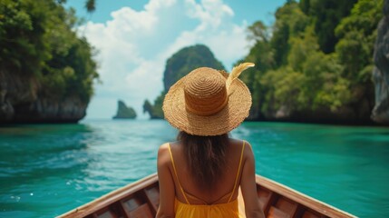 Rear view of woman wearing a straw hat on a boat in the sea off an island resort in southern Thailand.