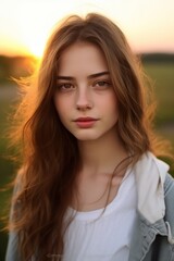 Fototapeta premium An evening portrait of a teenage girl in casual clothes posed for photos before sunset in gentle evening sunlight.