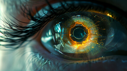A close-up of a human eye with a future-themed cybernetic implant