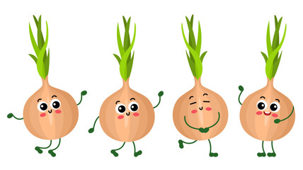 Set of funny onion mascot in different positions