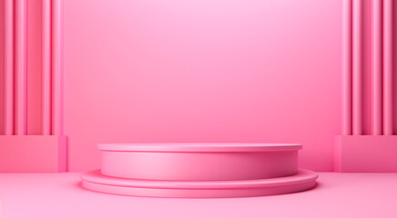 Pink podium stage on pink background. Valentine's day concept banner. For greeting card