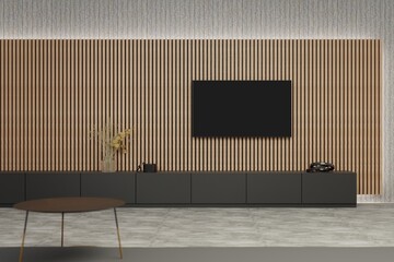 Flat screen TV on acoustic panel covered wall. Clean minimalist interior. Ambient lighting around acoustic panelling. Wide shot. Template for TV creative. With decorative elements. - obrazy, fototapety, plakaty