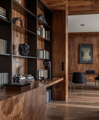 Interior of modern room with wooden walls, tiled floor, comfortable beige armchairs and bookcase