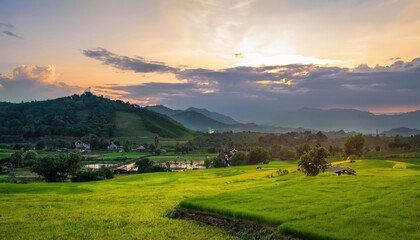 Fototapeta na wymiar Asian scenery when the morning sun is beautiful over the mountains and green rice fields in the village