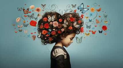 pretty girl wearing flowers and butterflies in her hair showing the imensity of love