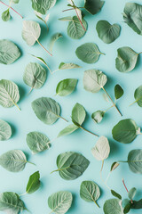 Green pale spring leaves arranged in a playful and repetitive design for the background.