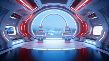 Interior of white spaceship with blue and red lights