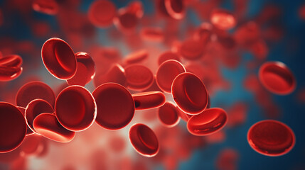 Red blood cells on blue background 