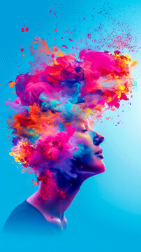 woman's profile with her head transforming into a vibrant explosion of colors and paint splatters, symbolizing creativity, imagination, and the unleashing of ideas or the freeing of the mind