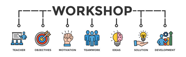 Workshop banner web icon vector illustration concept with icon of teacher, objectives, motivation, teamwork, ideas, solution, and development
