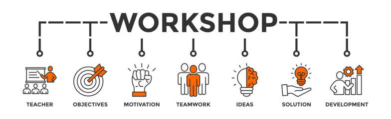 Workshop banner web icon vector illustration concept with icon of teacher, objectives, motivation, teamwork, ideas, solution, and development