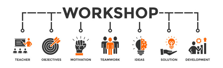 Workshop banner web icon vector illustration concept with icon of teacher, objectives, motivation, teamwork, ideas, solution, and development