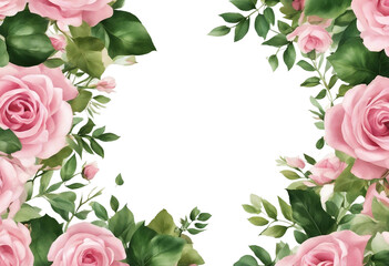Border made of pink watercolor roses flowers and green leaves wedding and greeting illustration