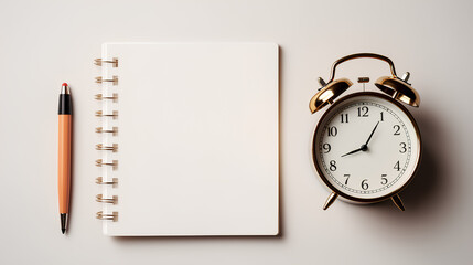 Open notepad with a pen and alarm clock on the white background