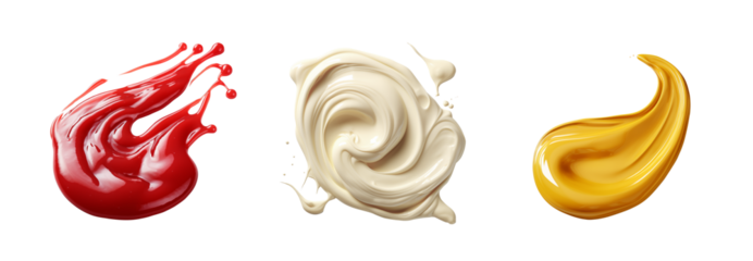 Top view of ketchup, mayonnaise and mustard smear isolated on transparent background. Generative AI	