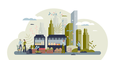 Street markets and local grocery or food outdoor stands tiny person concept, transparent background.Farmer marketplace ir urban environment for fresh products retail illustration.