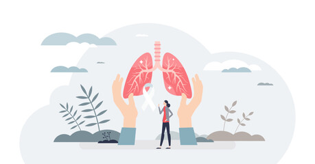Tuberculosis awareness or TB lung bacterial infection tiny person concept, transparent background. Respiratory illness with medical pathology illustration. Bronchitis, asthma, cancer. - obrazy, fototapety, plakaty