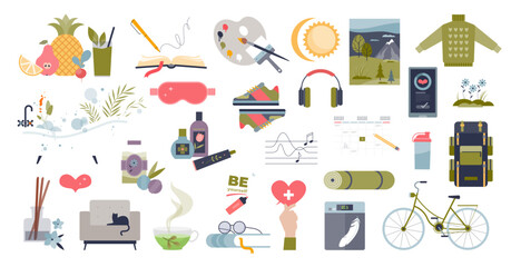 Self care objects with wellness and wellbeing elements tiny person collection, transparent background. Set with relaxation, harmony and calm items illustration. Aroma therapy or skin hygiene.