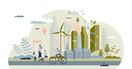 Cityscape with modern city and green residential houses tiny person concept, transparent background. Urban scene with skyscrapers and sustainable energy usage. © VectorMine