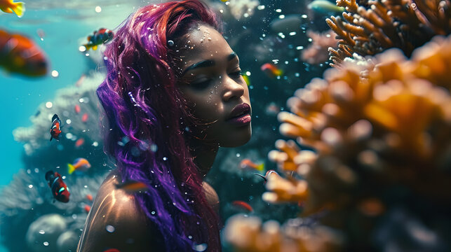 Close up photo of real black mermaid with purple red hair swimming underwater near coral reef with colorful fish, fantasy