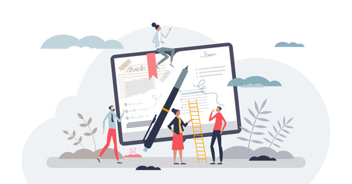 Notepad journaling and scrapbook diary for writing tiny person concept, transparent background. Notes in memo book for effective study or learning illustration. Write sketches for daily reminders.