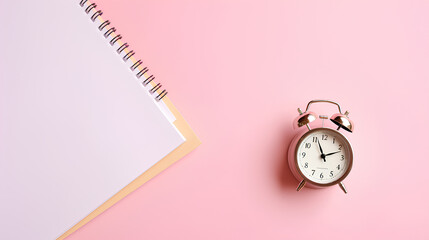 Open notepad with a pen and alarm clock on the pink background
