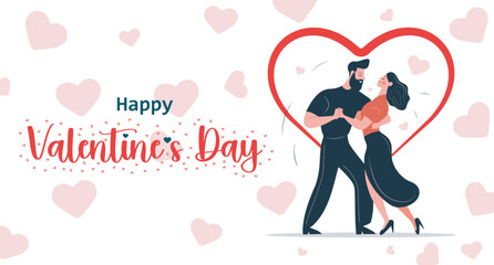Happy Valentines day - couple man and woman dancing on hearts for valentines day greeting card