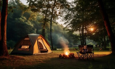 Camping picnic tent campground in outdoor hiking forest.