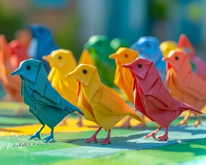 AI illustration of origami birds of various sizes and hues arranged in a cluster.