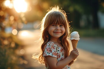 Cute little girl enjoying summer in nature, with playful expression, eating ice cream outdoors in the park.