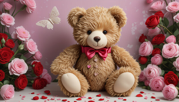 Valentine's Day teddy bear with rose background