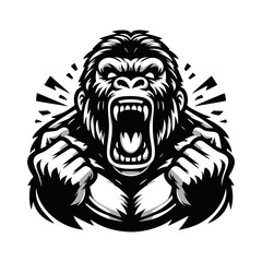 Vector logo of a raging gorilla. Professional logo of a mad kong. Black and white logo of an ape isolated on a white background.