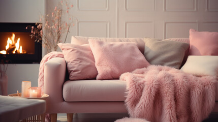 Farmhouse Hygge: Cozy Pink Sofa in Scandinavian Living Room