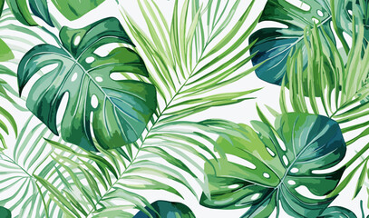 Watercolor tropical seamless pattern: botanical leaves - obrazy, fototapety, plakaty