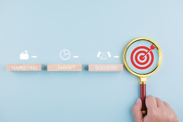 Magnifying glass focus with target objectives with business icons,  Business plan...