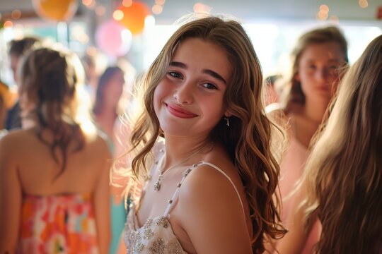 Beautiful happy teenager girl wears dress celebrates school graduation