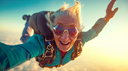 cheeky old lady goes skydiving with an ecgene camera in her hand. 