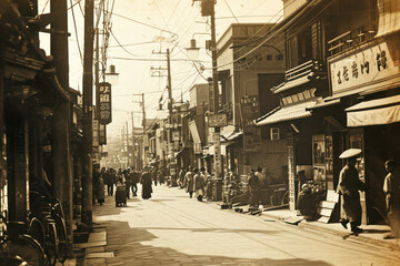 賑やかな商店街。架空の日本の昭和イメージ。古い写真、Generative AI - obrazy, fototapety, plakaty