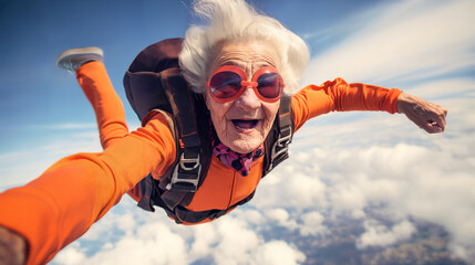 cheeky old lady goes skydiving with an action camera in her hand