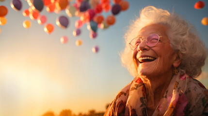 A cheerful old lady laughs in front of inflatable balloons flying into the sky. - obrazy, fototapety, plakaty