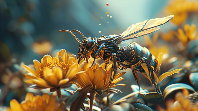 A robot bee, designed to pollinate plants, flying over a meadow with daisies and green grass. An artificial insect ready to pollinate plants and flowers. Eco drone of the future